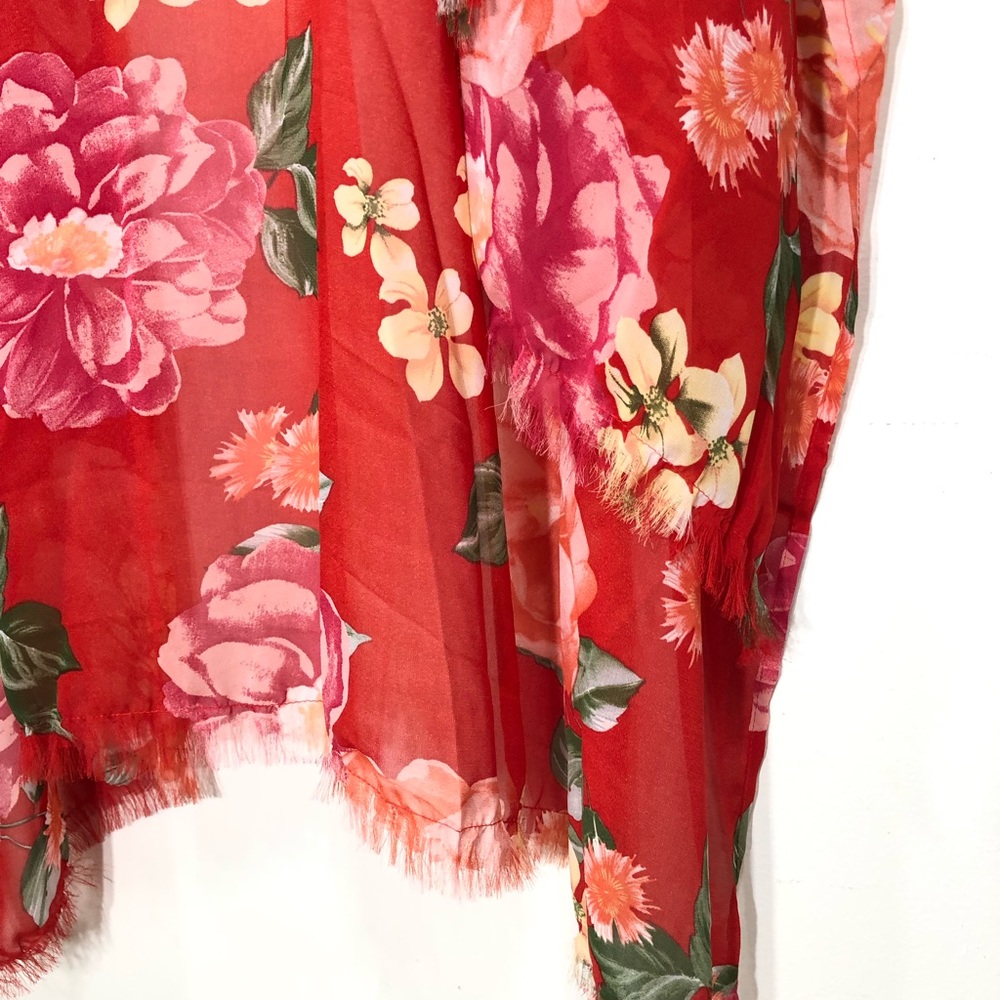 Sheer Floral Print Open Front Raw Edge Kimono - Picture 8 of 8